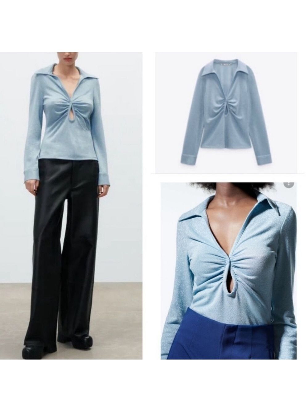 Zara light blue shimmer metallic glitter long sleeve keyhole collared blouse top